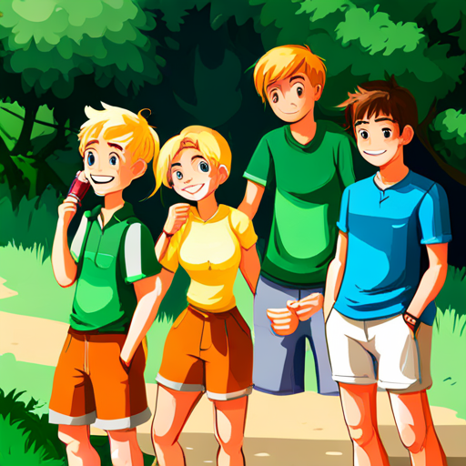 Blonde hair, green shirt, blue shorts, always smiling and friends playing outside, staying hydrated, and being honest