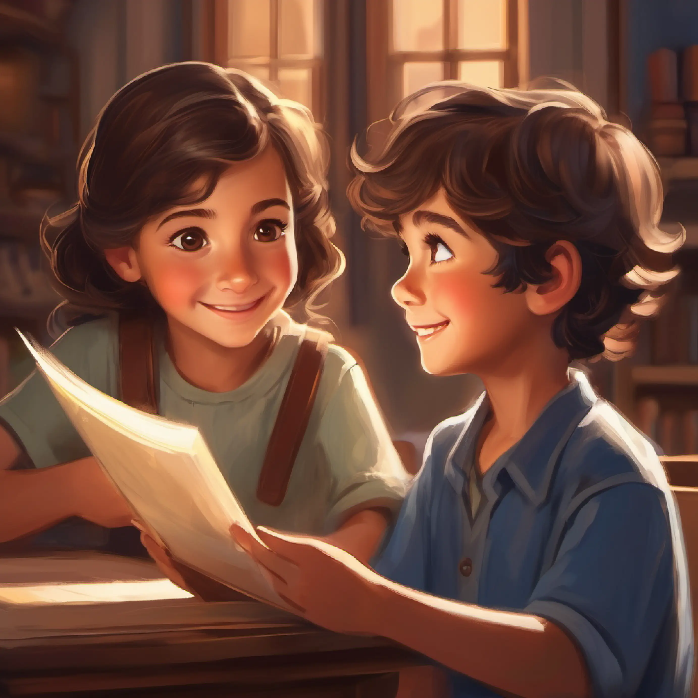 Warm smile, brown eyes, dark hair, loves to teach and encourage gives Young boy with sandy hair and big blue eyes, always curious a unique pencil; they're intrigued.