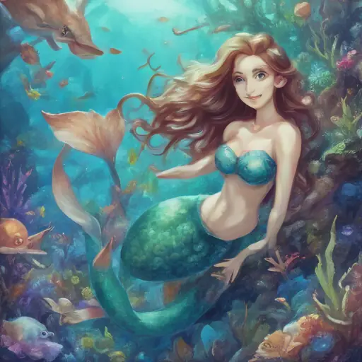 Description of Mermaid with blue eyes, radiant smile, and long hair's home in the coral reef.