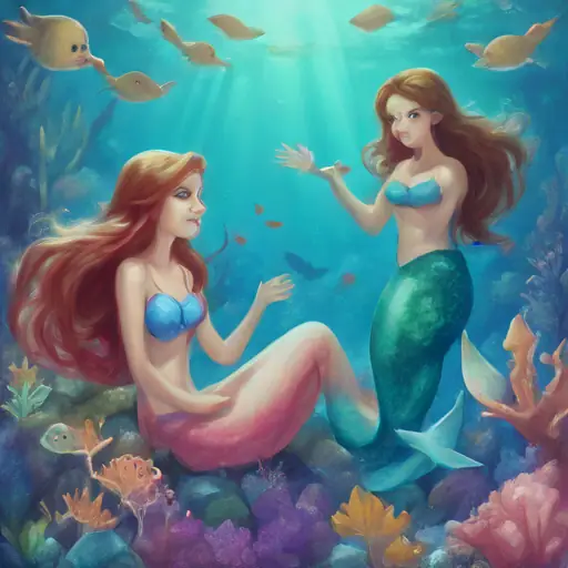 Mermaid with blue eyes, radiant smile, and long hair's mother sharing stories about coral reefs.