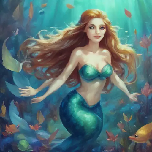 Mermaid with blue eyes, radiant smile, and long hair's wonder at the colorful underwater scene.