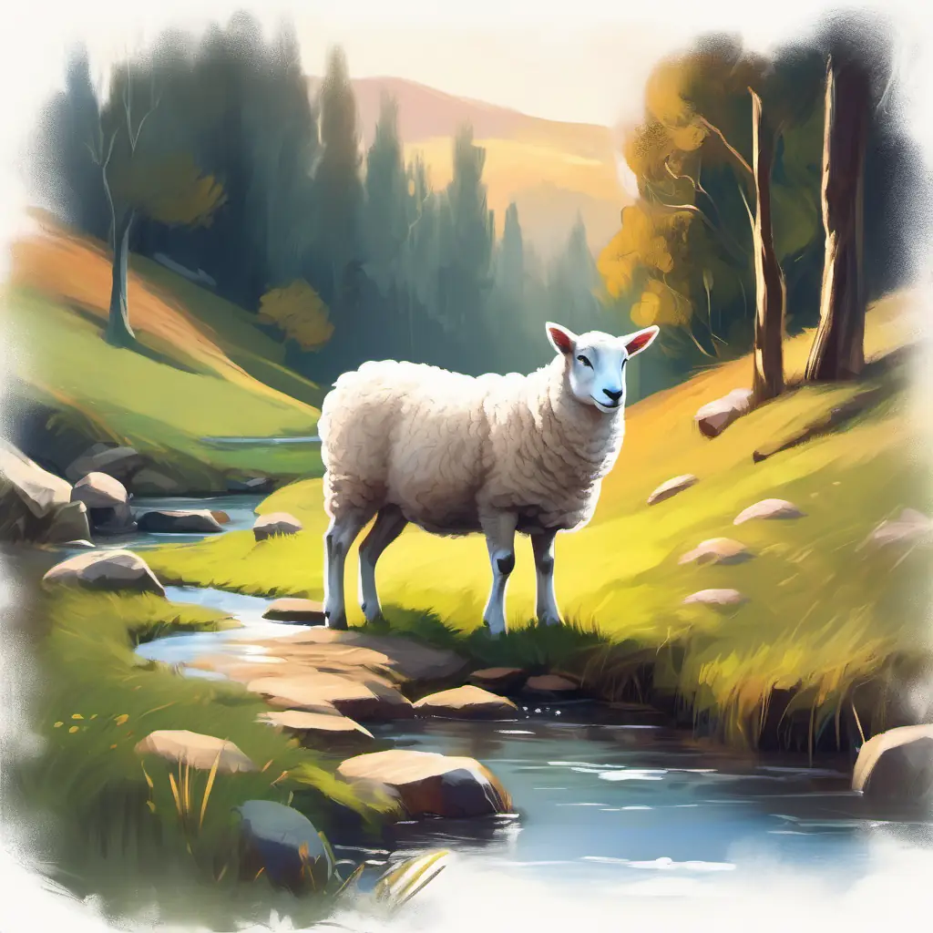 Lamb near stream, wolf makes quiet approach