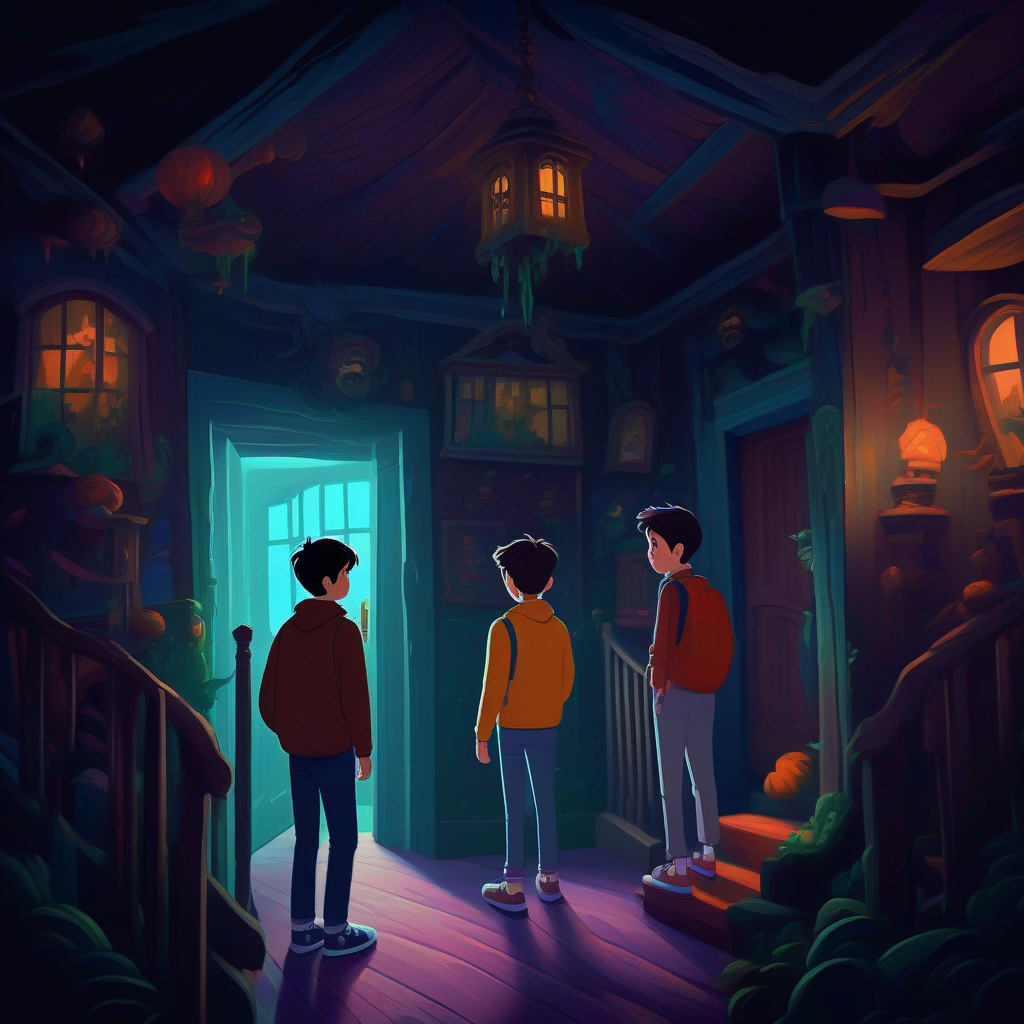 Friends explore a haunted house, curious and anxious, dark colors