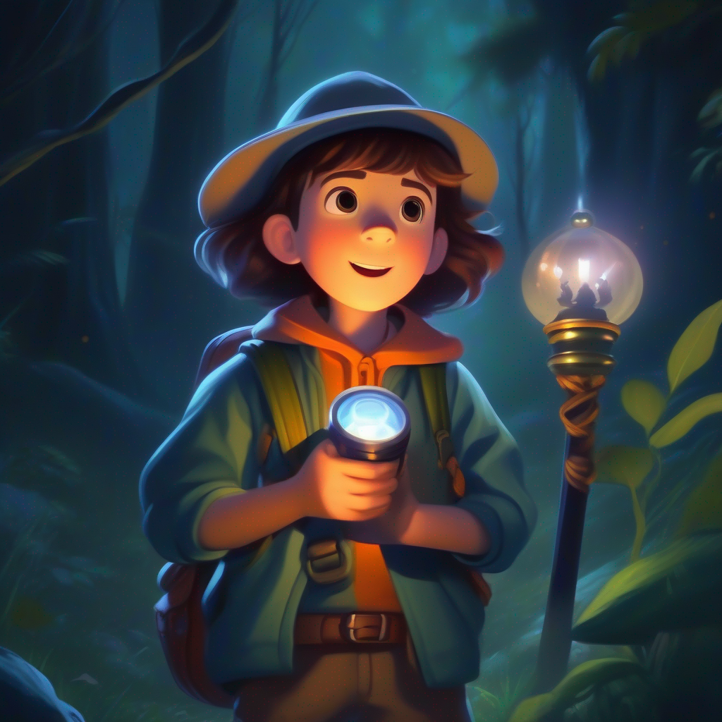 Brave and determined, adventurous explorer, equipped with a flashlight finds a spell to banish the ghost, friends relieved