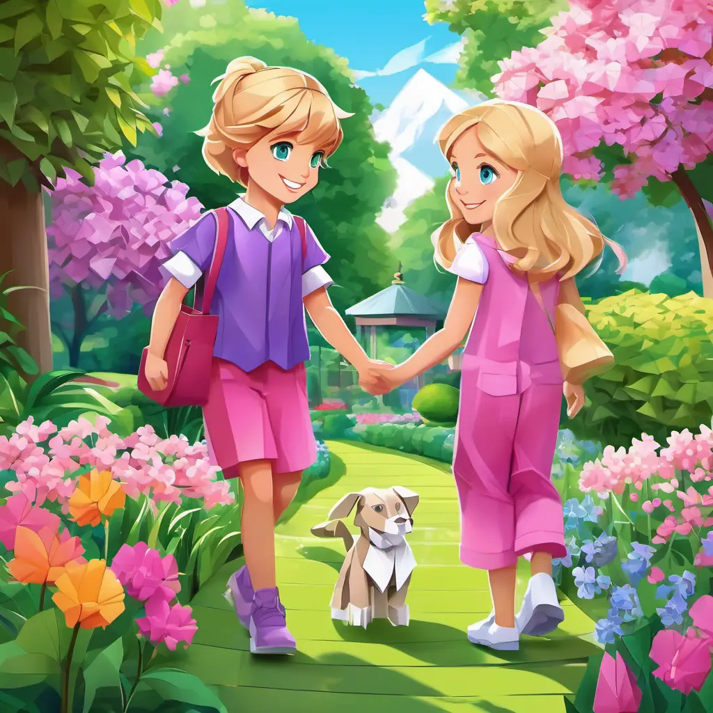 Blonde hair, blue eyes, pink outfit, always smiling, friendly and Brunette hair, green eyes, purple outfit, cheerful and kind, loyal friend walking through a garden, planning their playdate in a sunny and flowery setting.