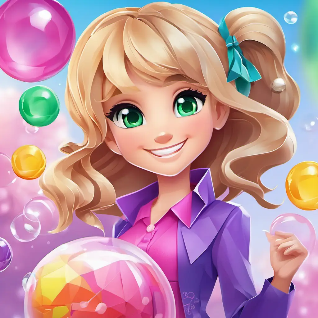 Brunette hair, green eyes, purple outfit, cheerful and kind, loyal friend and Blonde hair, blue eyes, pink outfit, always smiling, friendly with bubbles and a bouncing ball, bright and colorful, ready for fun.