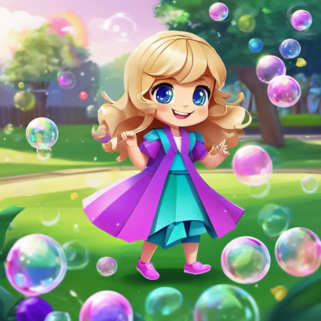 Brunette hair, green eyes, purple outfit, cheerful and kind, loyal friend and Blonde hair, blue eyes, pink outfit, always smiling, friendly playing with bubbles and bouncing ball in the park, giggling and grinning.