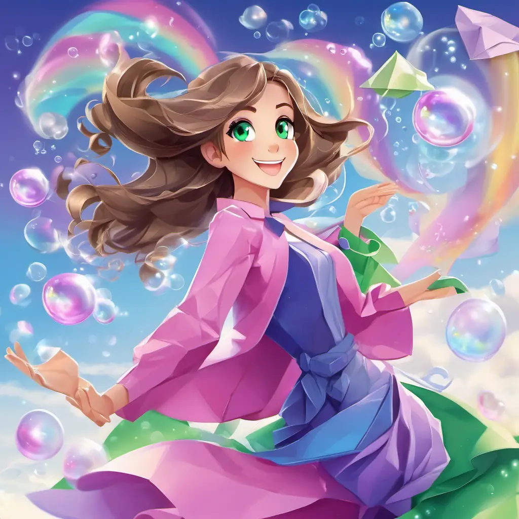 Brunette hair, green eyes, purple outfit, cheerful and kind, loyal friend and Blonde hair, blue eyes, pink outfit, always smiling, friendly surprised as the bubbles are swept up in a tornado, gasping and yelping.