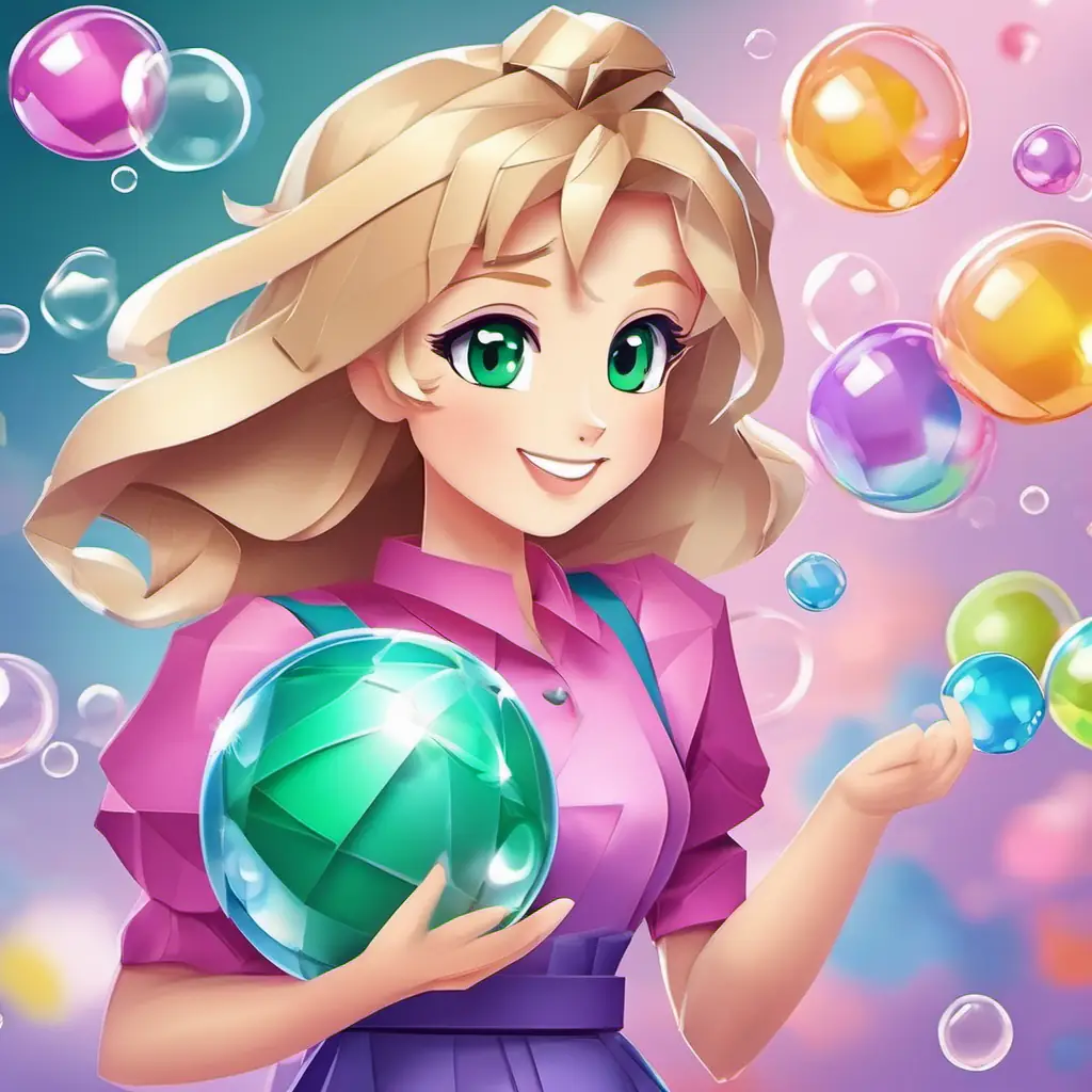 Brunette hair, green eyes, purple outfit, cheerful and kind, loyal friend and Blonde hair, blue eyes, pink outfit, always smiling, friendly working together, bumping and bopping the bubbles down with the bouncy ball.