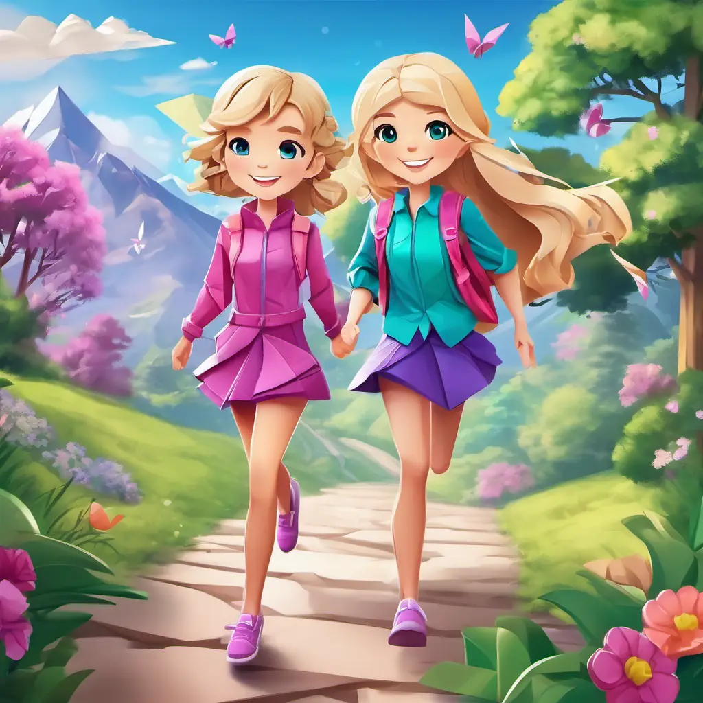 Blonde hair, blue eyes, pink outfit, always smiling, friendly and Brunette hair, green eyes, purple outfit, cheerful and kind, loyal friend skipping home, ready for their next adventure, showcasing their strong friendship.