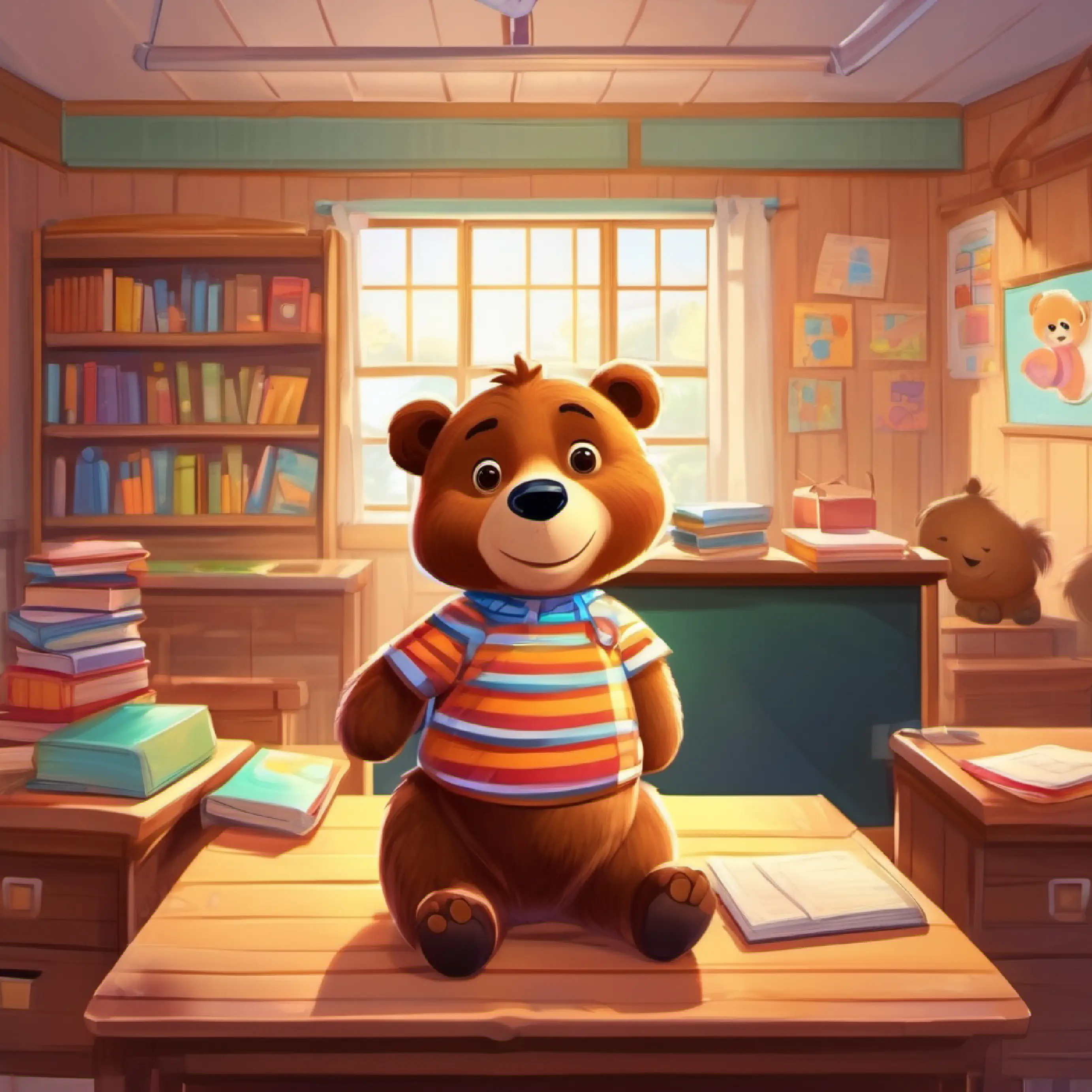 Introduction to Brown bear with a bright smile and a striped shirt, brown eyes and the diverse classroom setting.