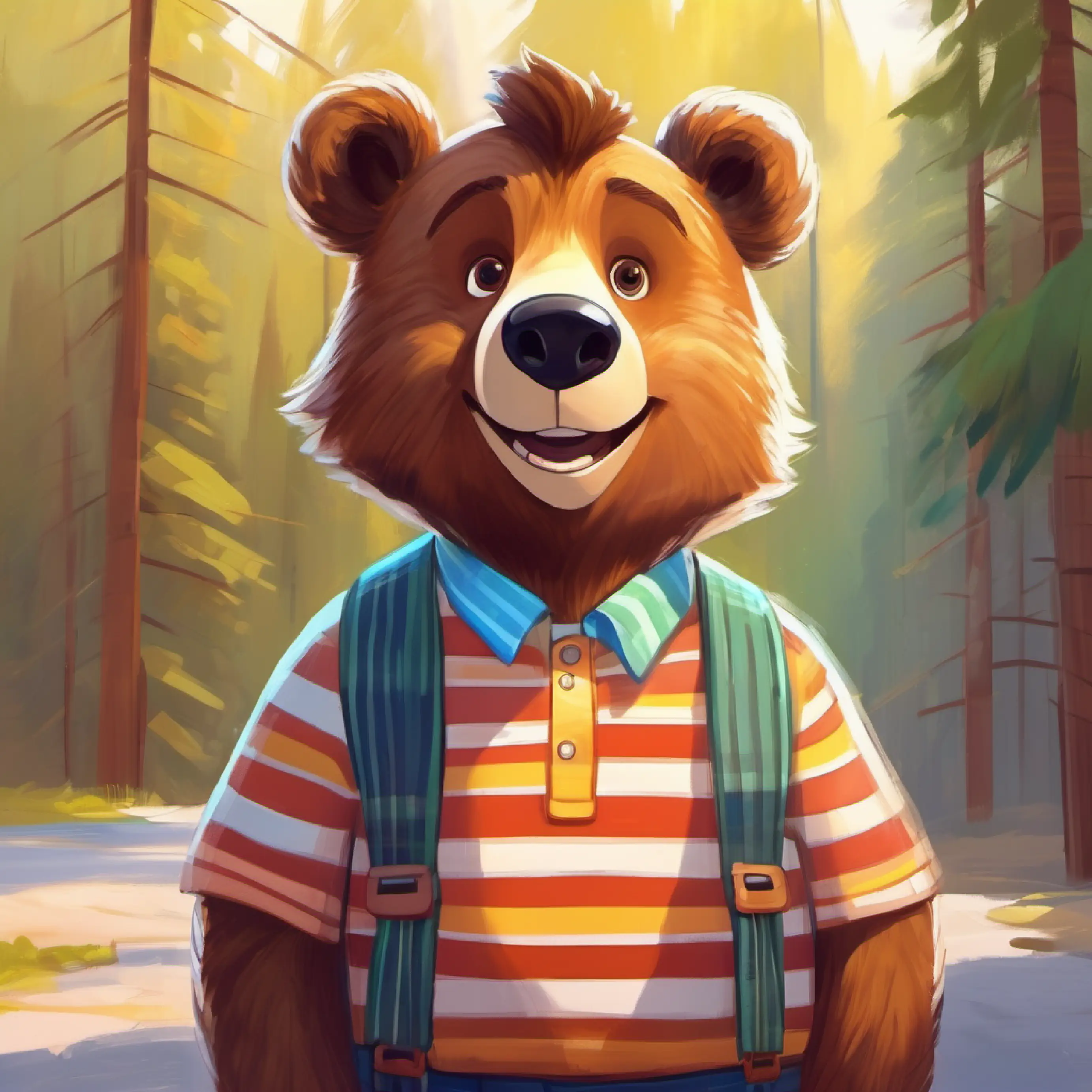 Brown bear with a bright smile and a striped shirt, brown eyes's nervousness and outfit for the first day.