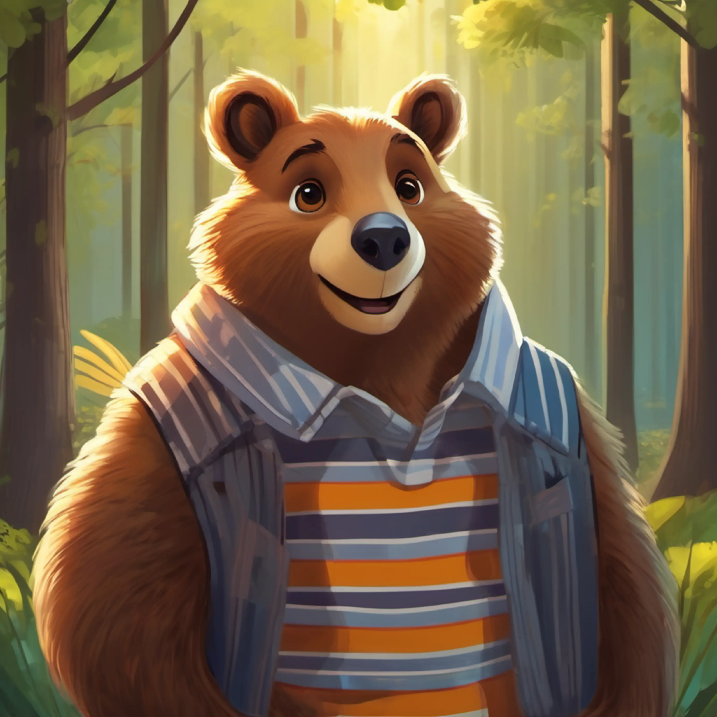 Brown bear with a bright smile and a striped shirt, brown eyes and Grey squirrel with a shy demeanor, dark eyes say goodbye and look forward to another day.