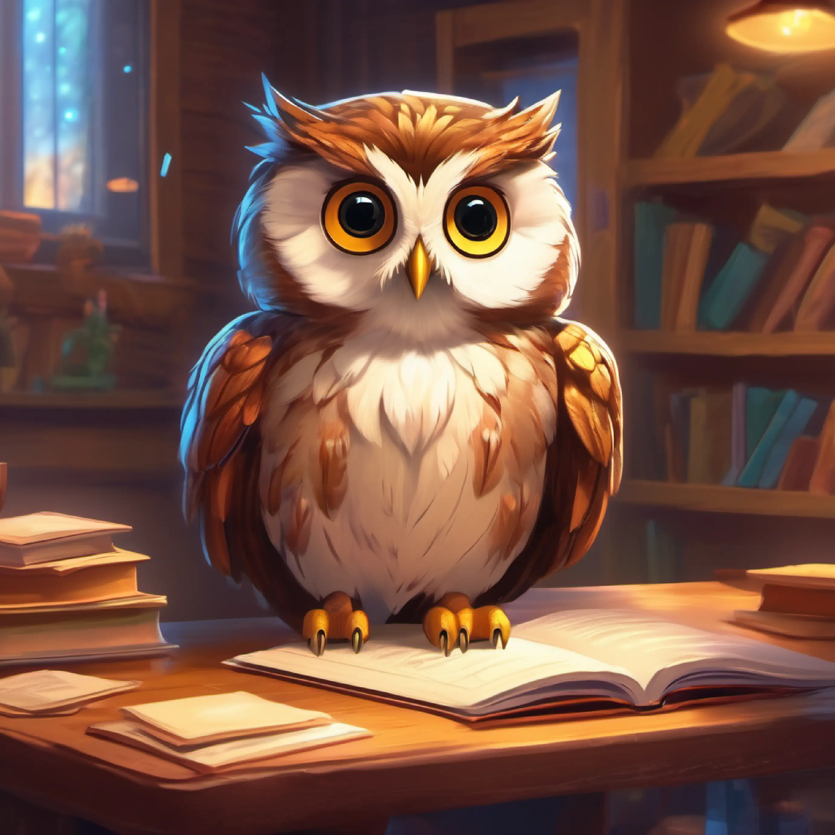 Wise owl teacher with soft feathers, sparkling eyes discussing the activities to expect.