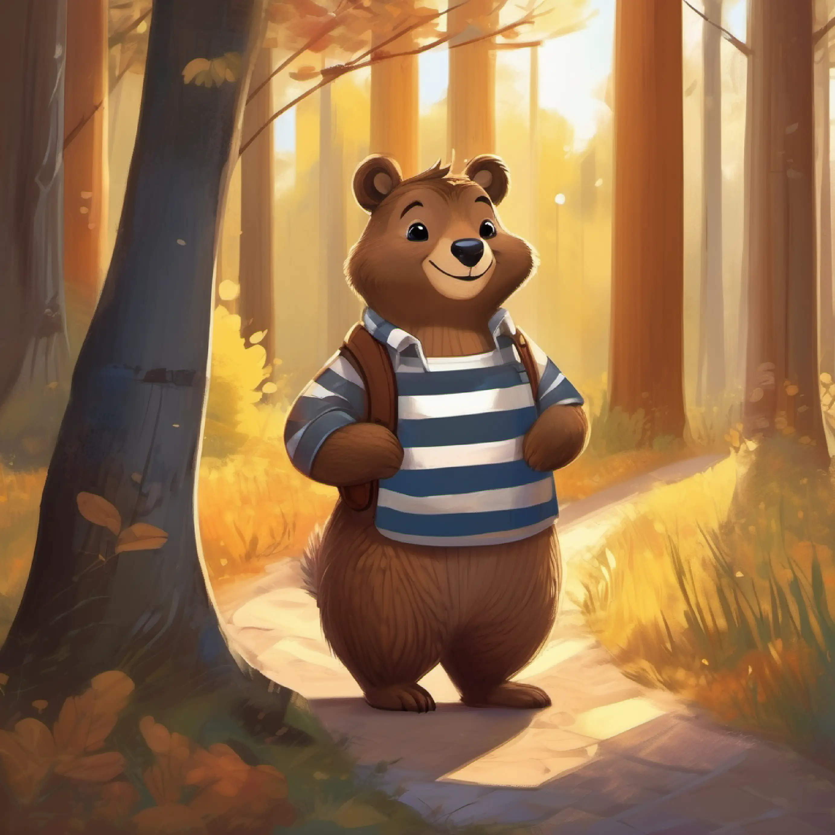 Brown bear with a bright smile and a striped shirt, brown eyes sees Grey squirrel with a shy demeanor, dark eyes alone and reflects on her feelings.