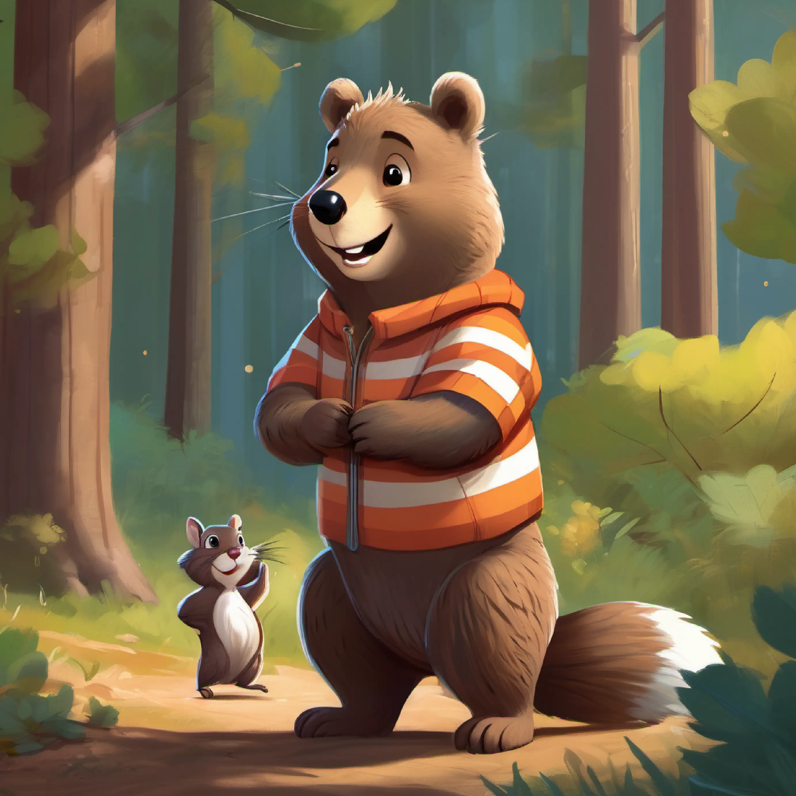 Brown bear with a bright smile and a striped shirt, brown eyes befriends Grey squirrel with a shy demeanor, dark eyes and they play together.