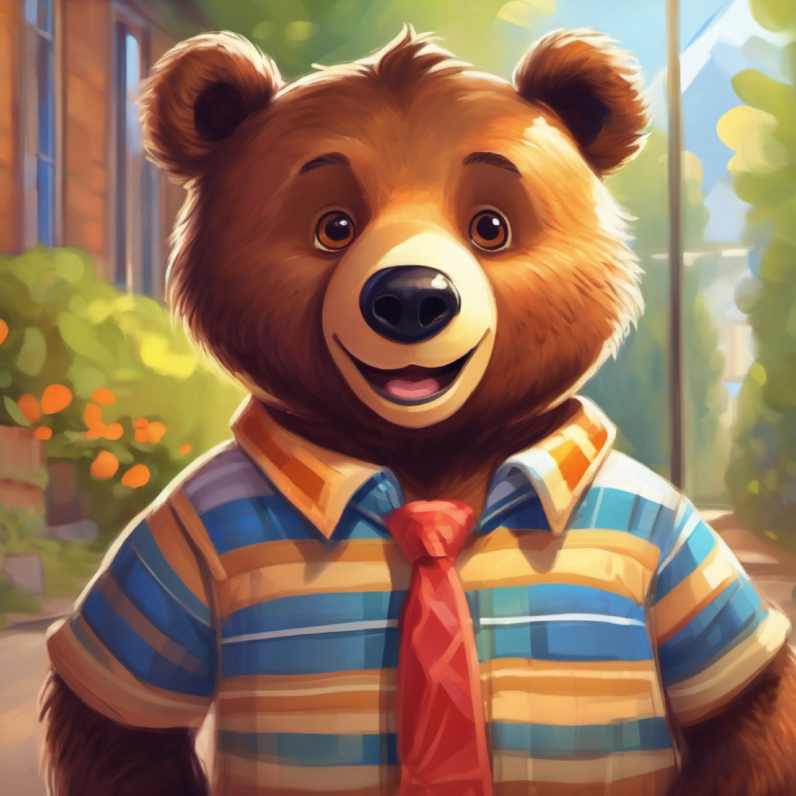 Brown bear with a bright smile and a striped shirt, brown eyes reflects on his first day at school.