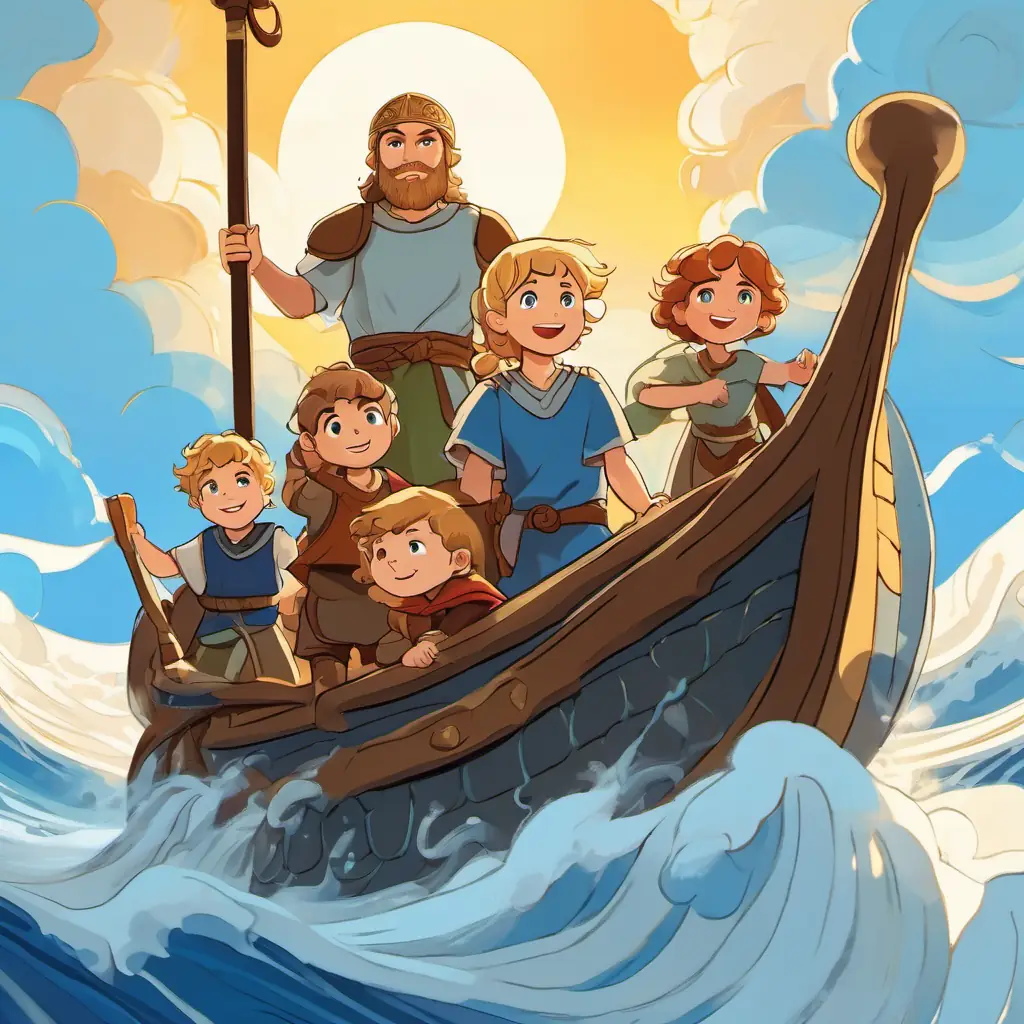 Safi is a young Viking boy with fair skin, blue eyes, and curly blond hair standing on a Viking ship with his family, waves crashing around them, the sun shining brightly in the sky
