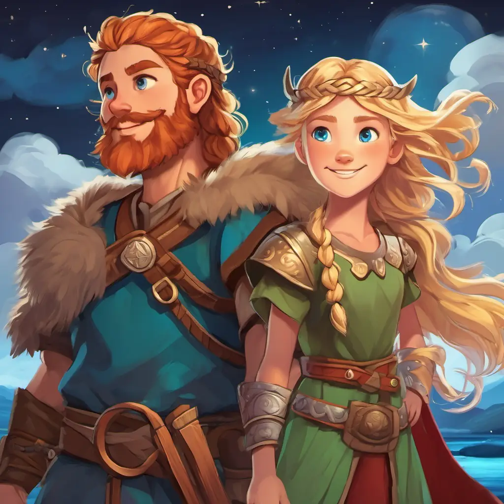 Safi is a young Viking boy with fair skin, blue eyes, and curly blond hair, Magnus is a tall and strong Viking with a long red beard, fair skin, and blue eyes, and Astrid is a kind-hearted Viking girl with braided blonde hair, fair skin, and green eyes laughing and playing on the ship, surrounded by swirling clouds in the night sky
