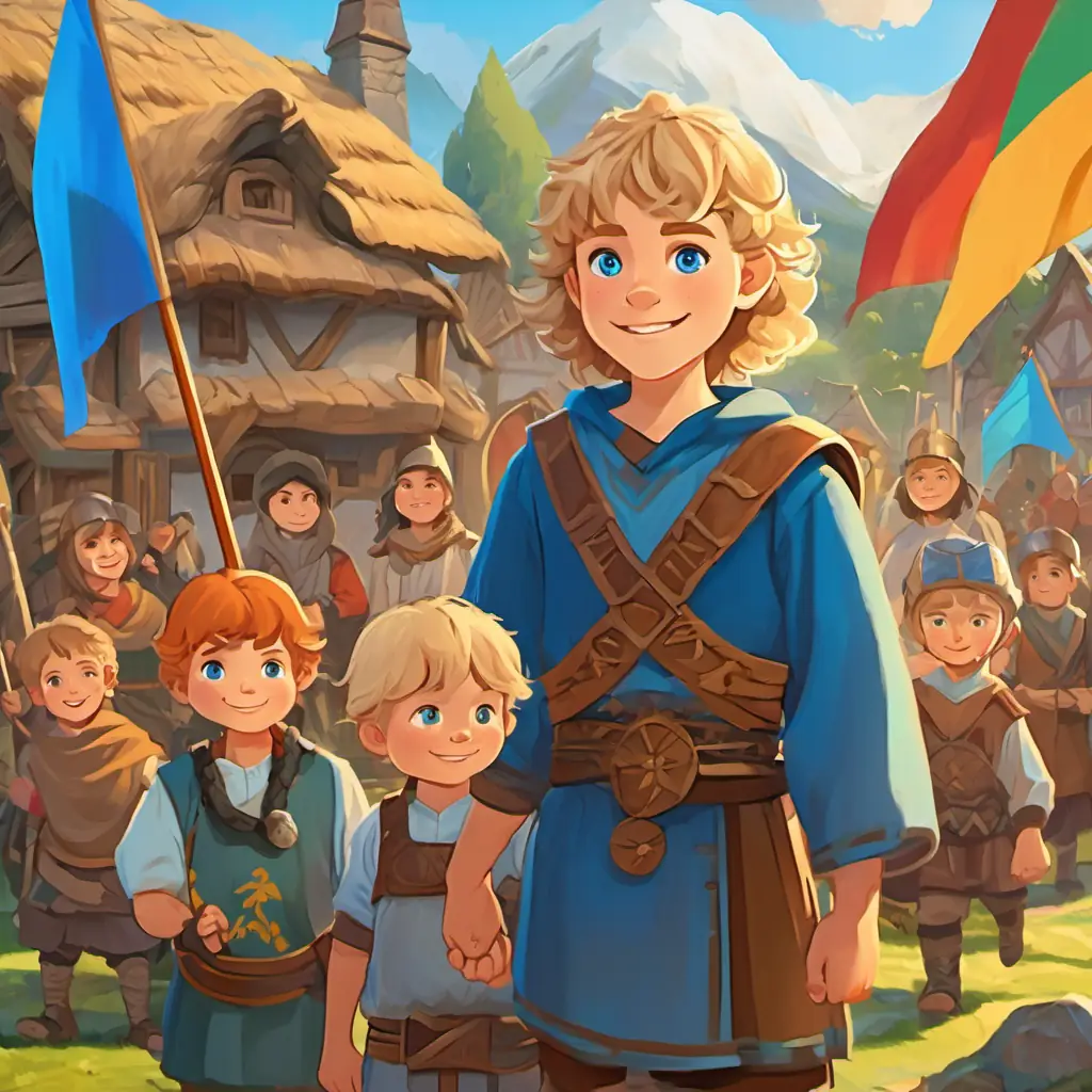 Safi is a young Viking boy with fair skin, blue eyes, and curly blond hair and his family standing in their Viking village, surrounded by smiling villagers and colorful flags