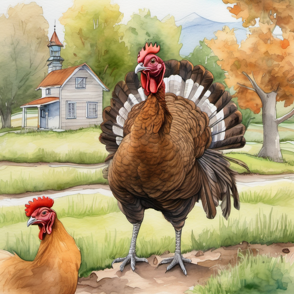 A small town with green fields and fruit orchards. A brown turkey with ruffled feathers, mischievous look, and wide curious eyes, a brown turkey with feathers ruffled, walking with a sneaky expression.