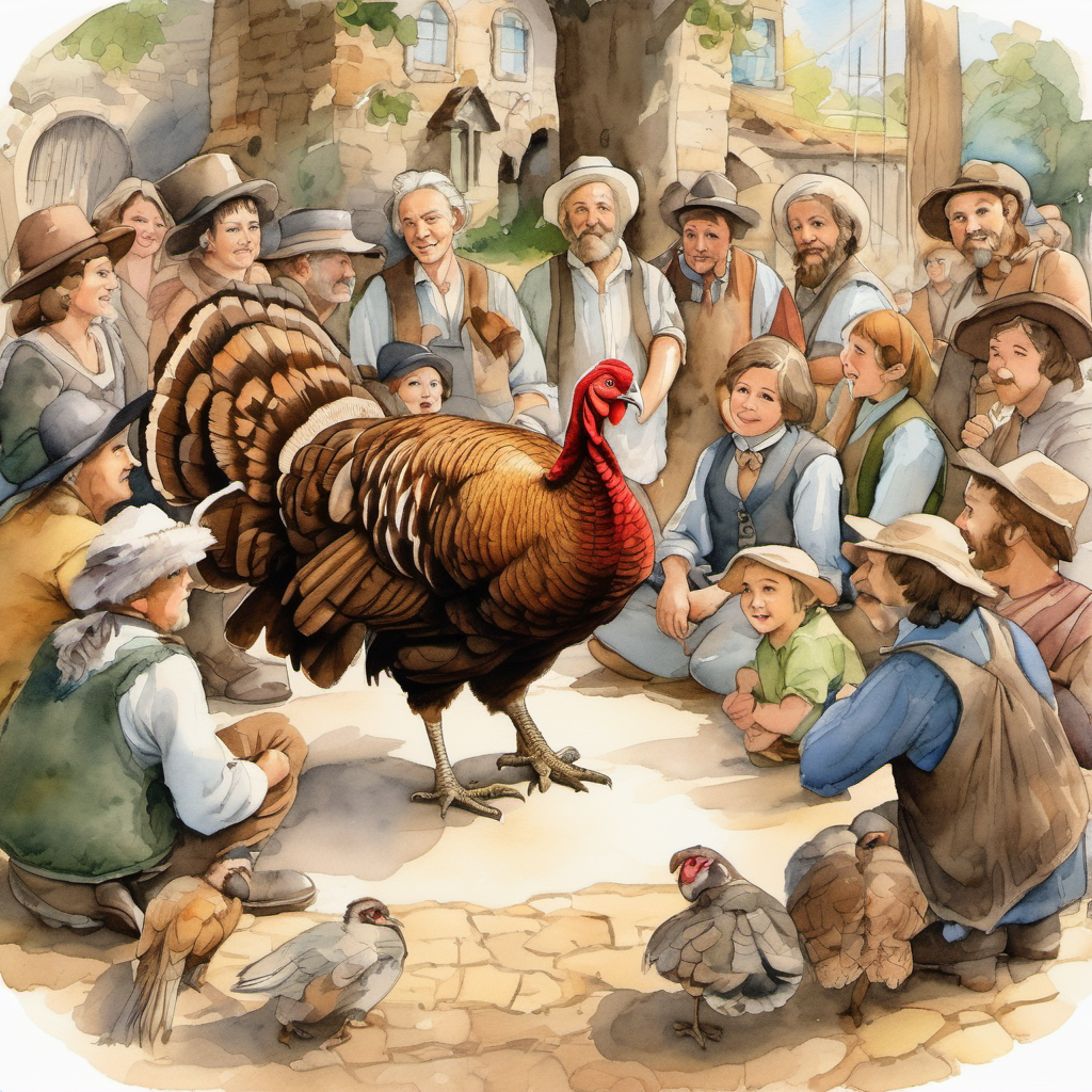 The townsfolk gathered in a circle, discussing their plan. People pointing at A brown turkey with ruffled feathers, mischievous look, and wide curious eyes, who is oblivious to their plans.