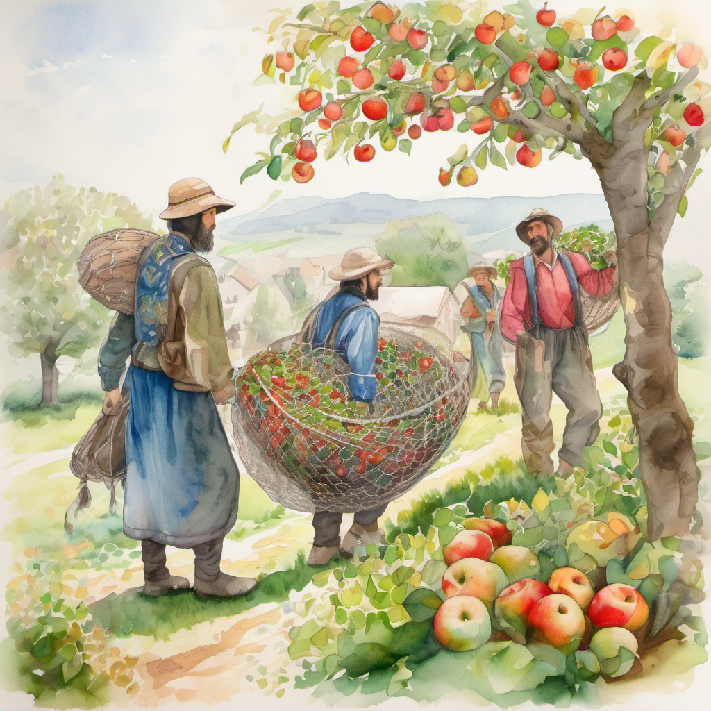 The townsfolk carrying a big net with colorful patterns, hiding behind bushes near an apple tree.