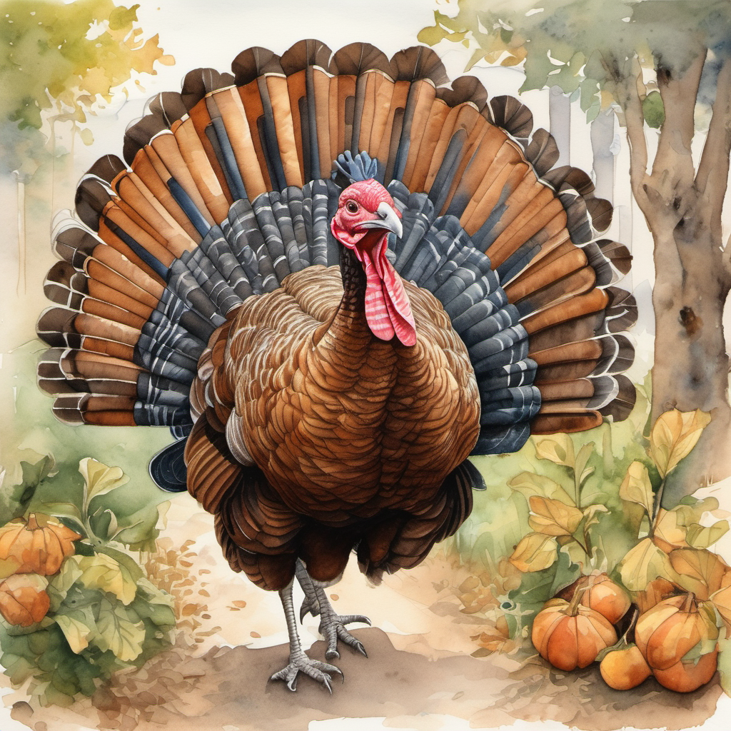 A brown turkey with ruffled feathers, mischievous look, and wide curious eyes walking with a cheerful expression, the townsfolk hidden behind bushes dropping the net over him.