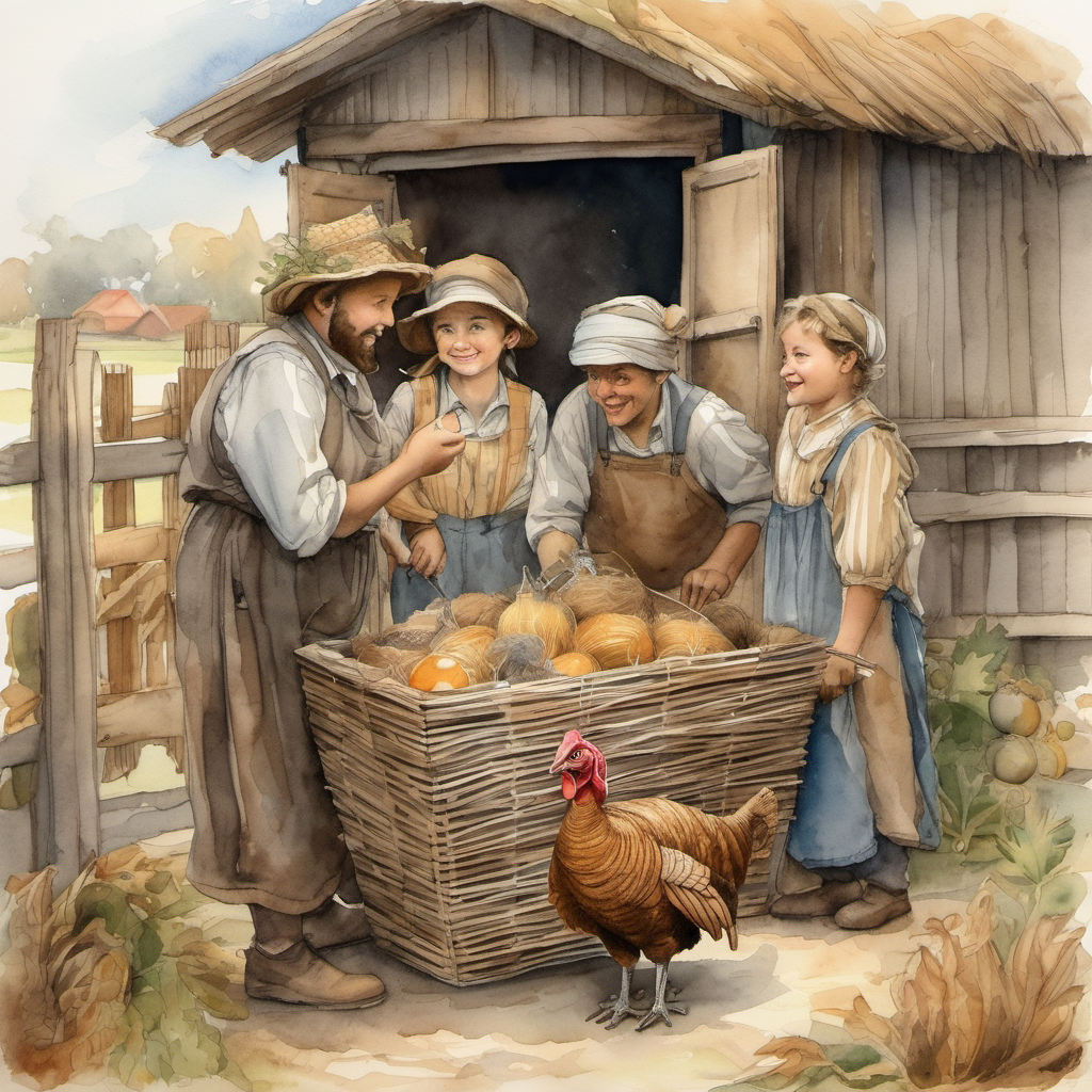 The townsfolk lifting the net, A brown turkey with ruffled feathers, mischievous look, and wide curious eyes nestled in their hands. The crate with straw and water inside, comfortable and inviting.