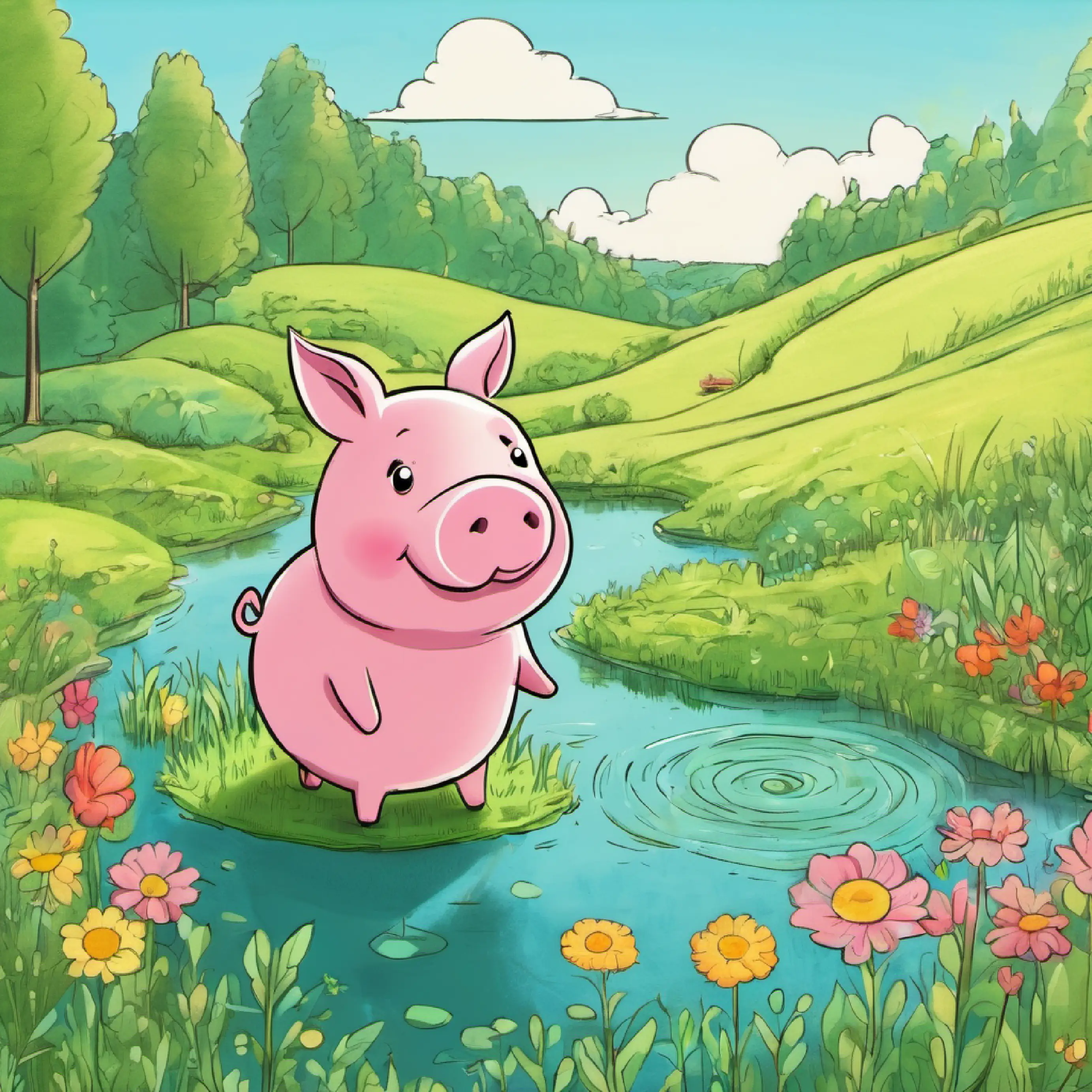 Piggy discovers a meadow and a pond.