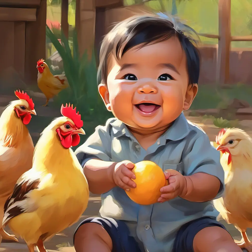 Grayson listening to the clucking hens, giggling with joy at their funny bobs.