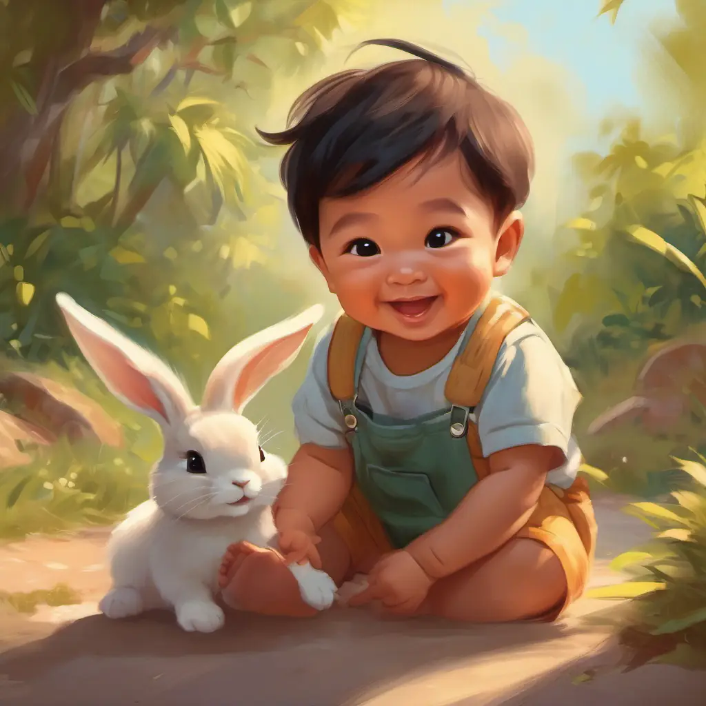 Grayson touching the rabbits' soft fur, giggling at the ticklish feeling.