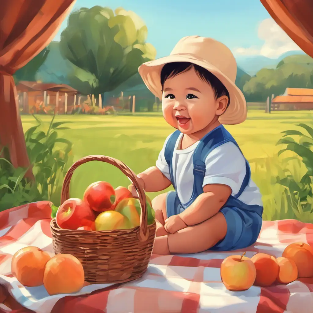 Grayson enjoying a picnic with delicious farm produce, savoring the juicy apples and crunchy carrots.