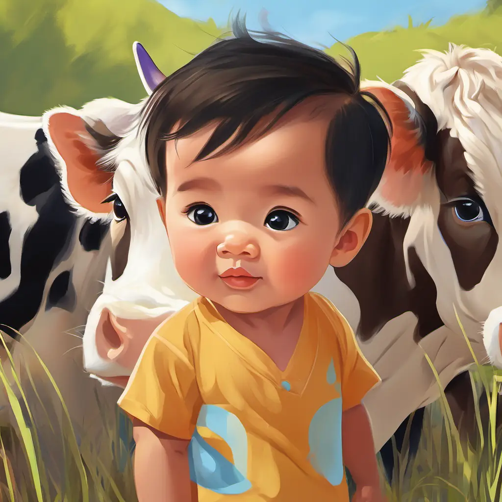 Next, Grayson saw big cows with gentle eyes. They went, 'Moo!'cute adorable baby boy Grayson's eyes widened. He had never seen cows before..