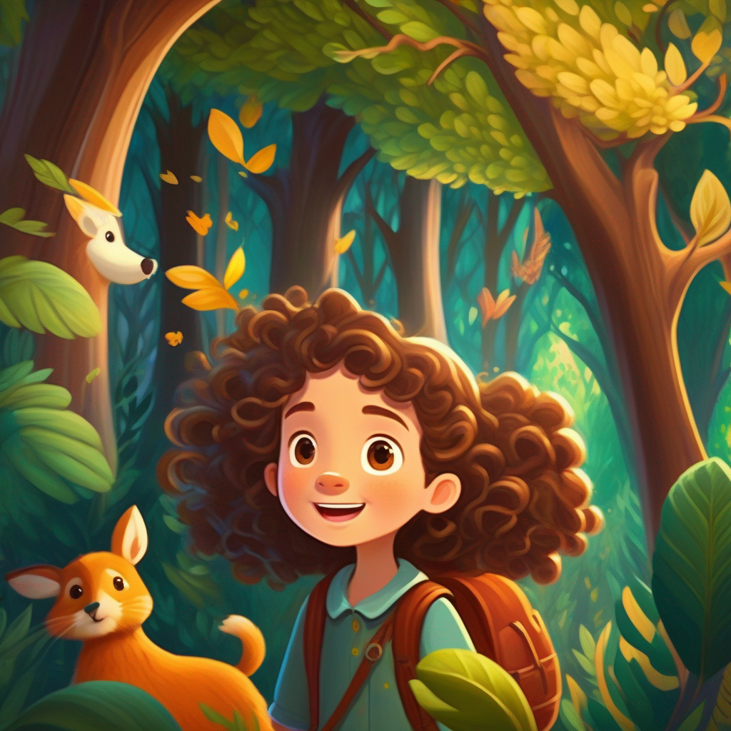 A brave girl who loves adventures, with curly brown hair imagines a magical forest with talking trees and animals