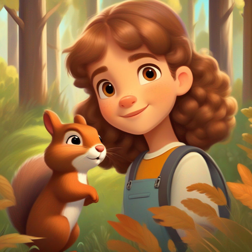 A brave girl who loves adventures, with curly brown hair meets A friendly squirrel with a fluffy brown tail, a friendly squirrel with a fluffy brown tail