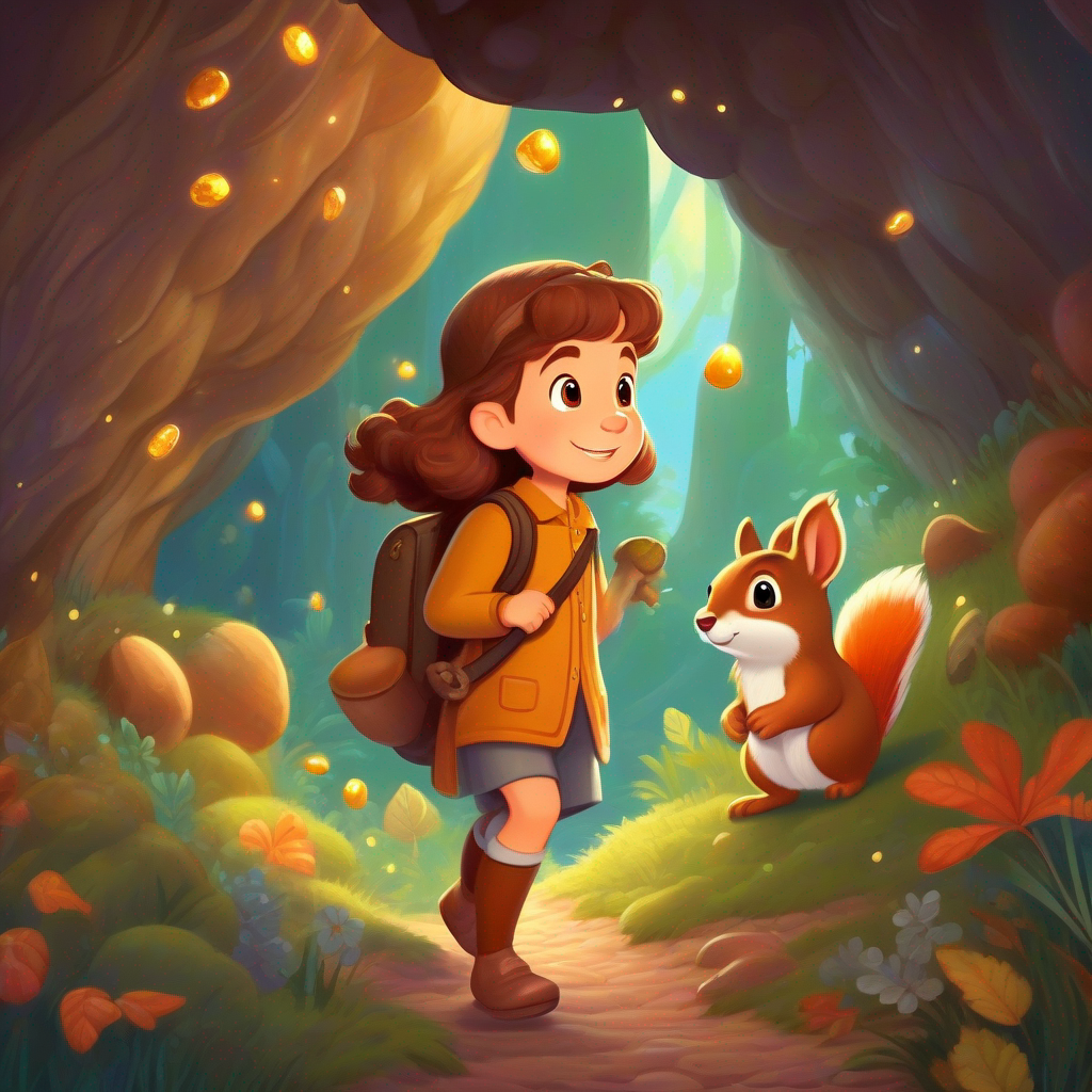 A brave girl who loves adventures, with curly brown hair and A friendly squirrel with a fluffy brown tail find a cave with glittering gems