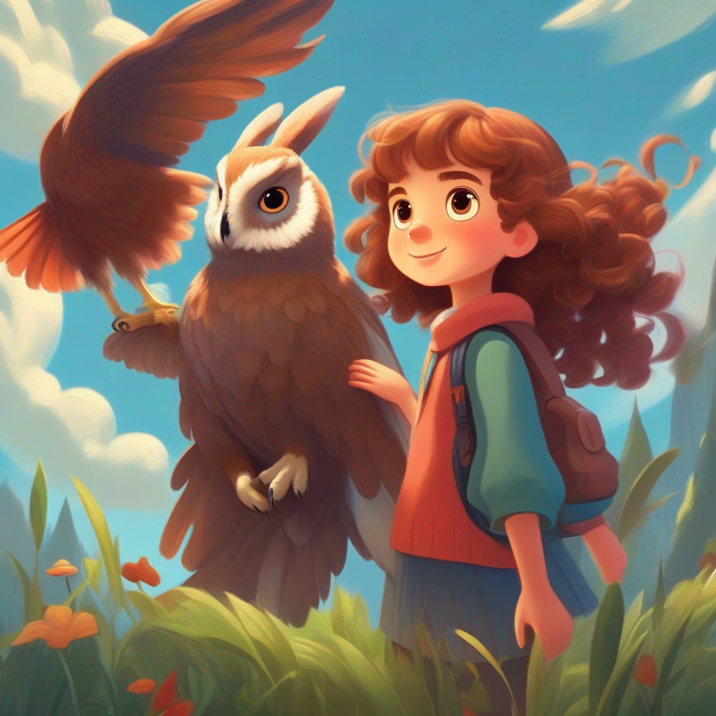 A brave girl who loves adventures, with curly brown hair meets a wise owl named Oliver and a playful rabbit named Ruby