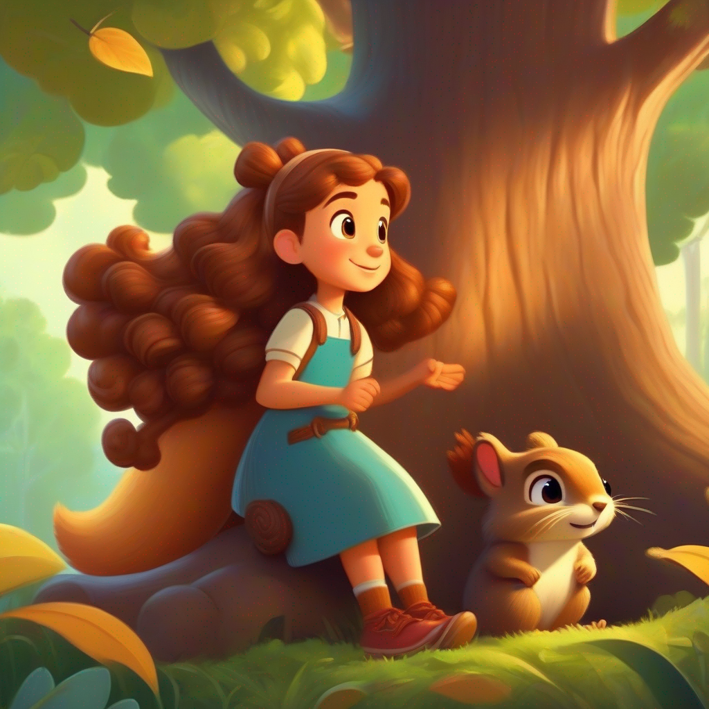 A brave girl who loves adventures, with curly brown hair and A friendly squirrel with a fluffy brown tail sit under a big oak tree and share stories