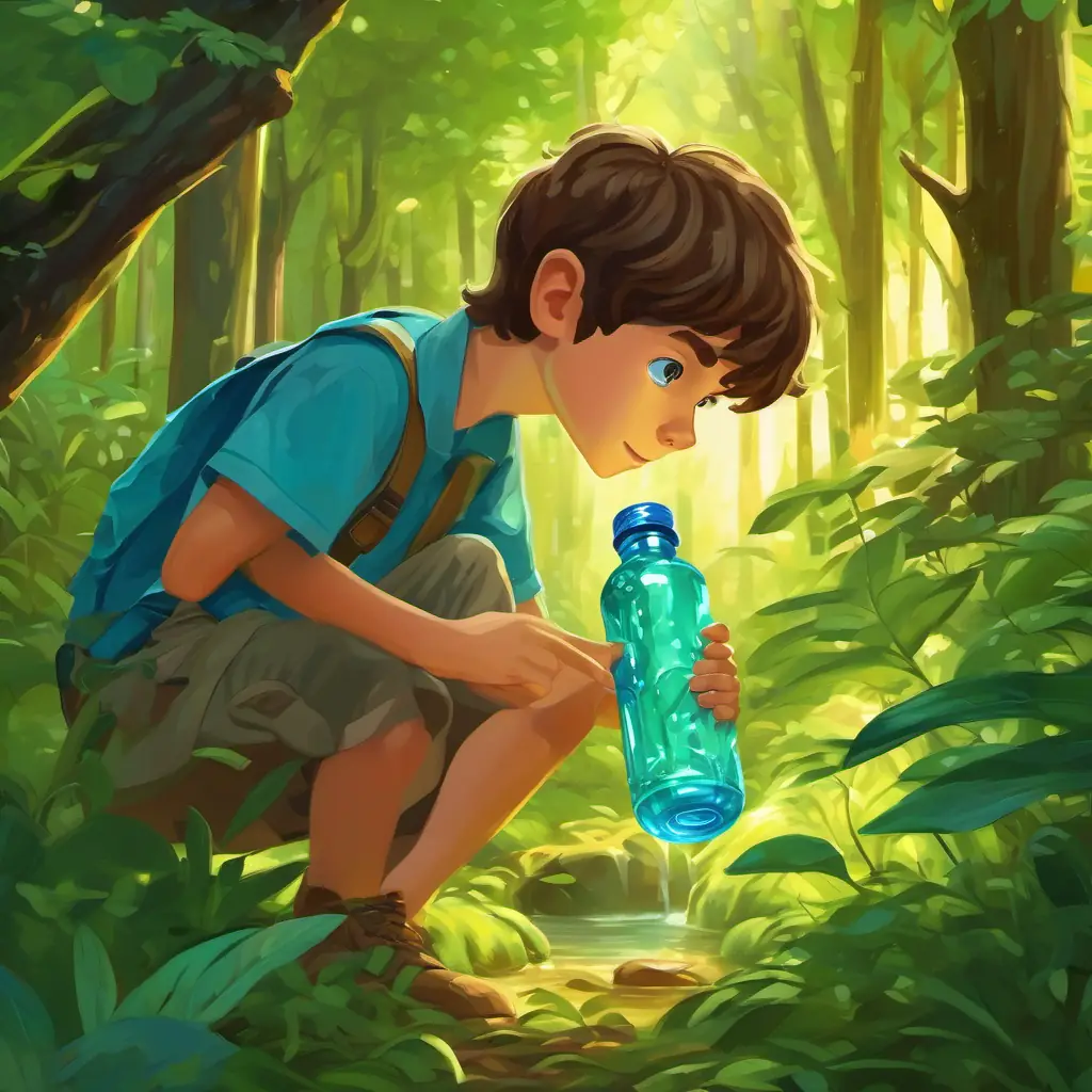 In a lush green forest, A young boy with brown hair and blue eyes finds a shiny golden water bottle.