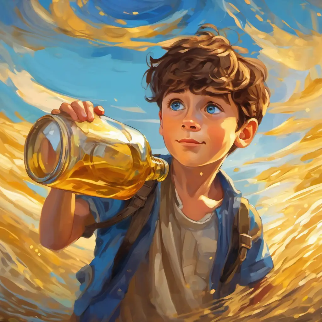 A young boy with brown hair and blue eyes drinks from the golden water bottle and feels energized.