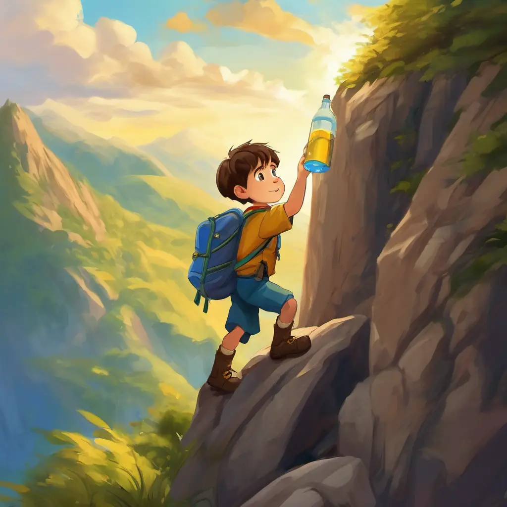 A young boy with brown hair and blue eyes climbs a tall mountain with the help of the golden water bottle.