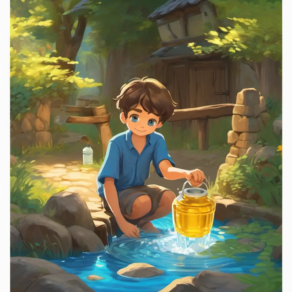 A young boy with brown hair and blue eyes helps the villagers by filling their well with water from the golden water bottle.