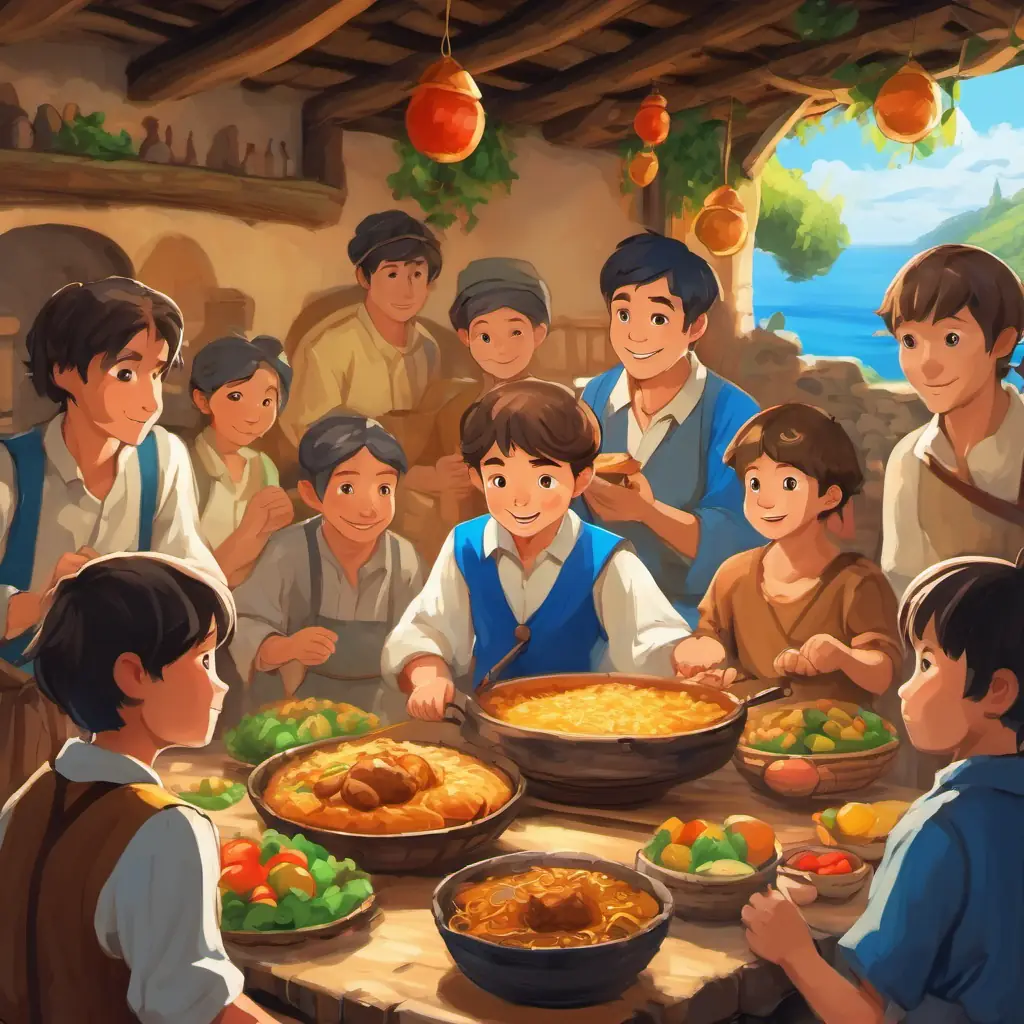 The villagers throw a feast to thank A young boy with brown hair and blue eyes for his help.