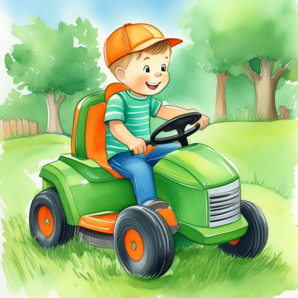 A boy who likes riding a ride-on mower. (Colors: green shirt, blue pants) riding a ride-on mower. (Colors: green, orange)