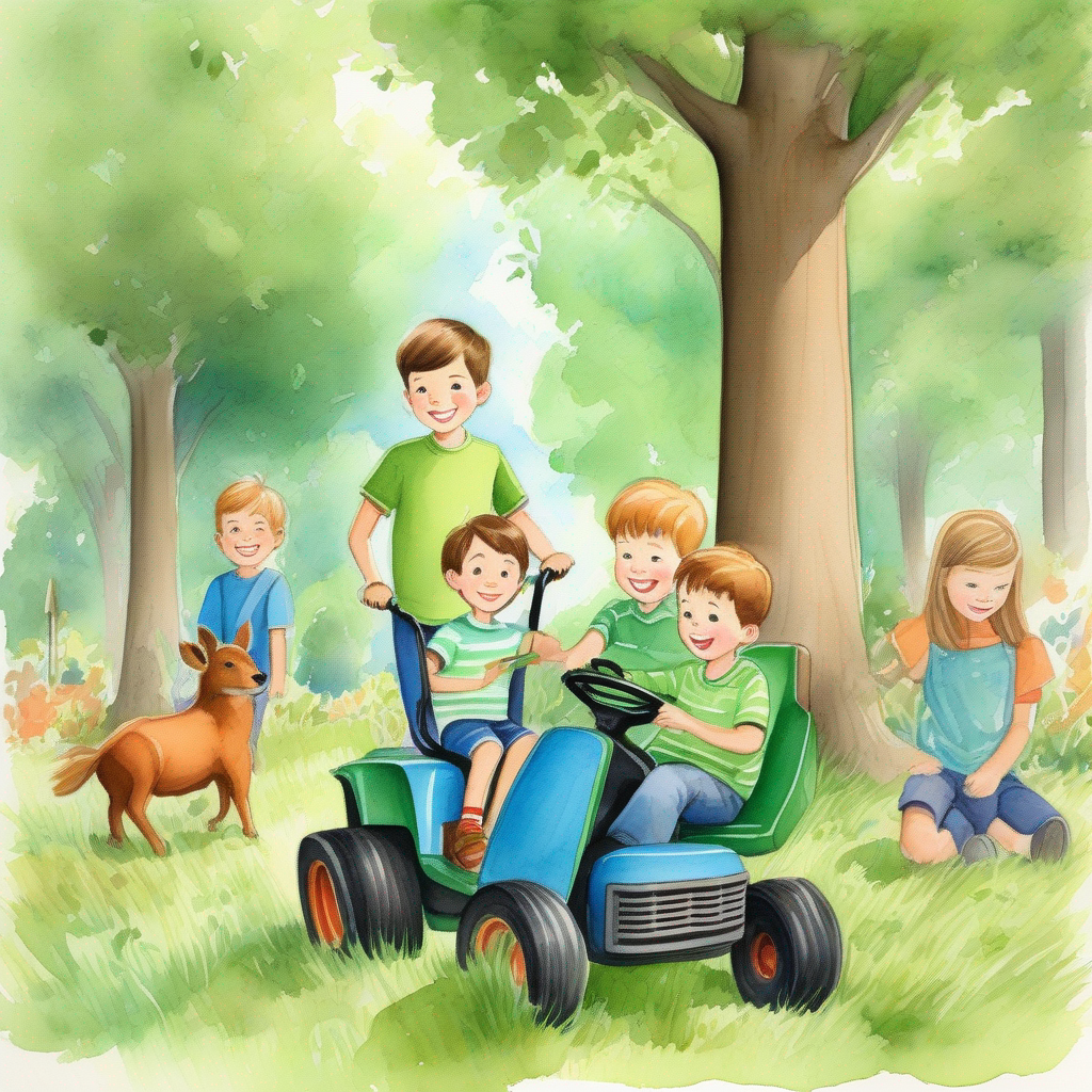 A boy who likes riding a ride-on mower. (Colors: green shirt, blue pants) surrounded by large oak trees and his family. (Colors: brown, green)