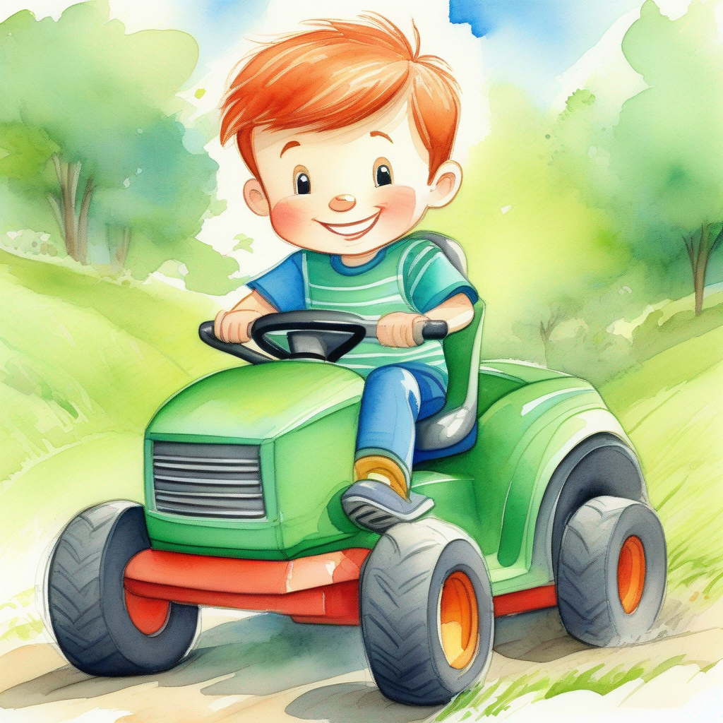 A boy who likes riding a ride-on mower. (Colors: green shirt, blue pants) happily driving the ride-on mower. (Colors: blue, red)