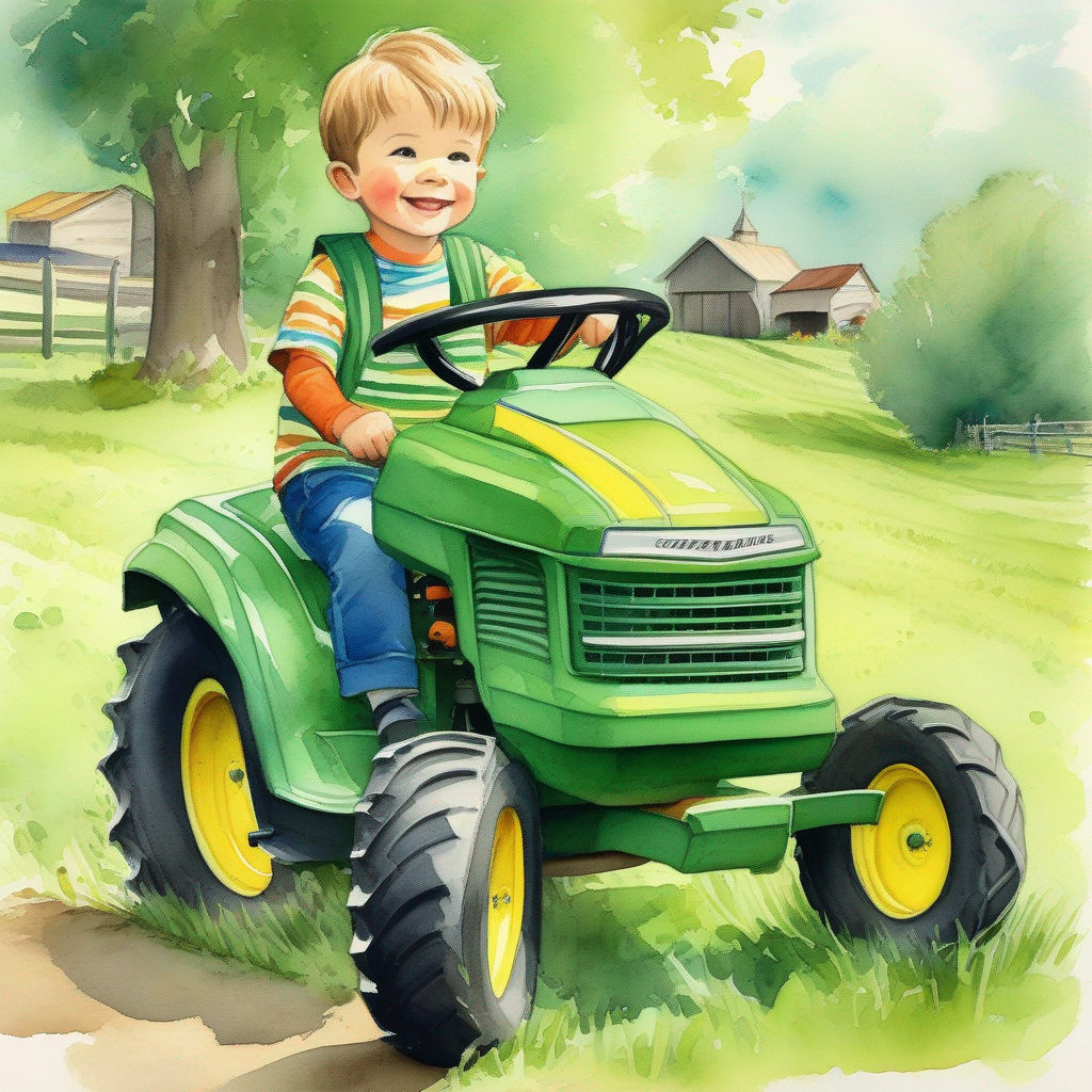A boy who likes riding a ride-on mower. (Colors: green shirt, blue pants) exploring the farm with the ride-on mower. (Colors: yellow, green)