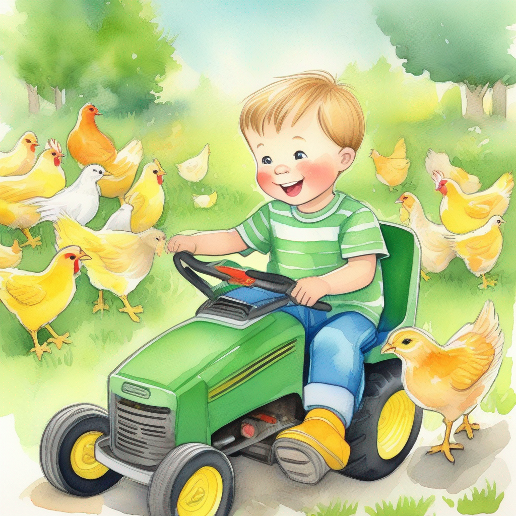 A boy who likes riding a ride-on mower. (Colors: green shirt, blue pants) feeding chickens with corn. (Colors: yellow, white)