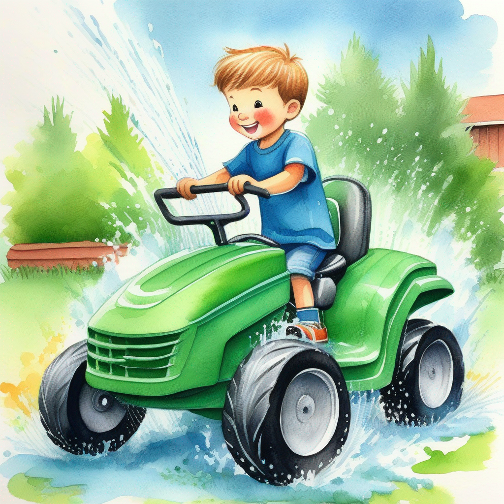 A boy who likes riding a ride-on mower. (Colors: green shirt, blue pants) having fun spraying water from a hose. (Colors: blue, silver)